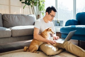 Young Asian man working with laptop and his dog at home