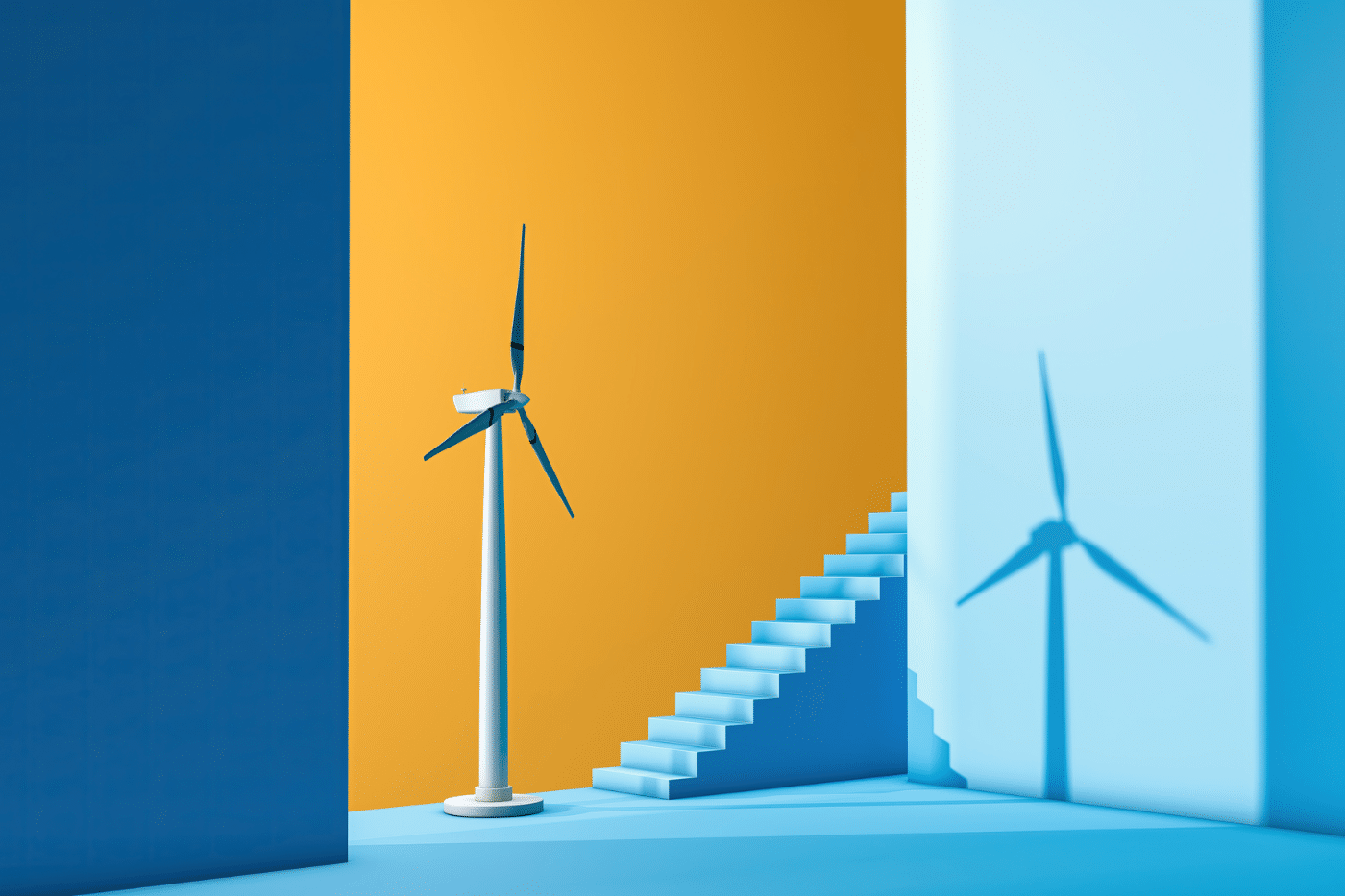 Modern sustainable energy windmill next to some stairs and on a yellow background