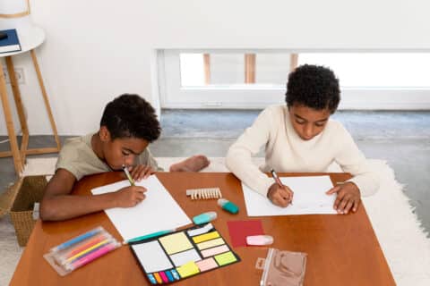 Two preteen brothers in casual clothes drawing and writing on white paper sheets while sitting at table in sunlit room at home.
