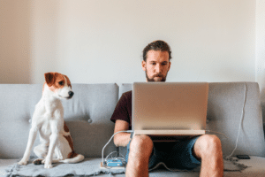 Dog and man sitting on the bed together and work on computer